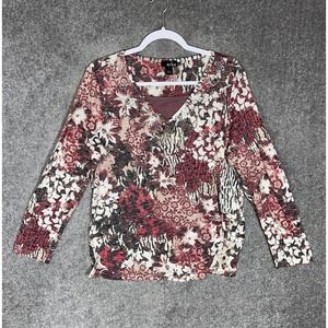 Erika Long Sleeve Embellished Top Womens Size Large Animal Print Floral Pullover